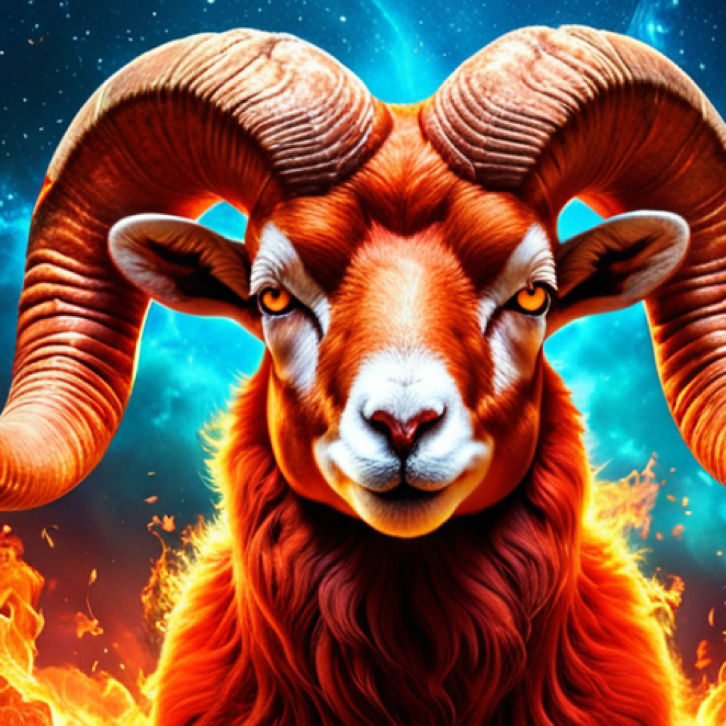 **

A vibrant and dynamic scene depicting the Aries zodiac sign. Include fiery colors, a ram, and imagery that conveys energy, enthusiasm, and leadership. The overall mood should be bold and confident.

**