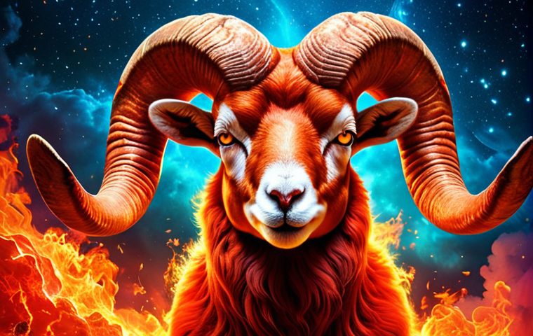 **
A vibrant and dynamic scene depicting the Aries zodiac sign. Include fiery colors, a ram, and imagery that conveys energy, enthusiasm, and leadership. The overall mood should be bold and confident.
**