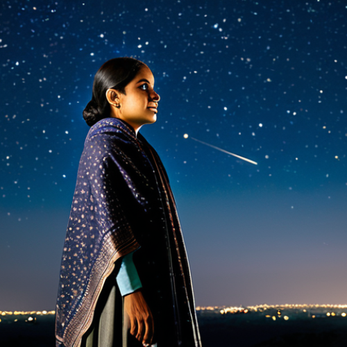 Home 8 A contemplative adult individual, fully clothed in modest, professional attire with a traditional Indian shawl, standing on a tranquil rooftop under a vast, clear night sky. Visible constellations and celestial patterns dominate the background, subtly hinting at ancient wisdom and cosmic connection. The scene is illuminated by gentle starlight, creating a peaceful and ethereal atmosphere. Professional photography, high-resolution, cinematic lighting, safe for work, appropriate content, perfect anatomy, correct proportions, natural pose, well-formed hands, proper finger count, natural body proportions, family-friendly.