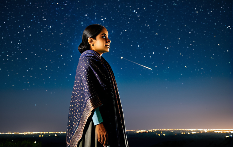 A contemplative adult individual, fully clothed in modest, professional attire with a traditional Indian shawl, standing on a tranquil rooftop under a vast, clear night sky. Visible constellations and celestial patterns dominate the background, subtly hinting at ancient wisdom and cosmic connection. The scene is illuminated by gentle starlight, creating a peaceful and ethereal atmosphere. Professional photography, high-resolution, cinematic lighting, safe for work, appropriate content, perfect anatomy, correct proportions, natural pose, well-formed hands, proper finger count, natural body proportions, family-friendly.