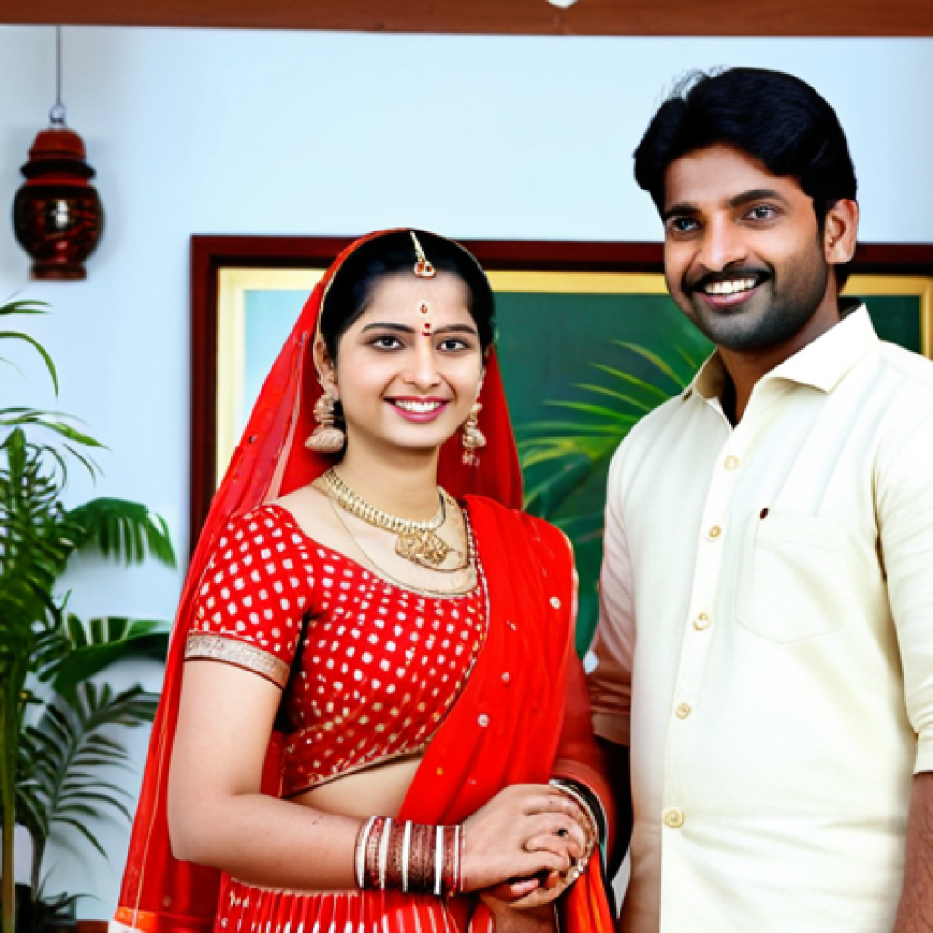 **

"A happy Indian couple, fully clothed in traditional attire, standing in a beautifully decorated home with plants, appropriate content, safe for work, professional photography, perfect anatomy, natural pose, modest clothing, family-friendly"

**