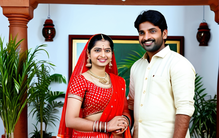 **

"A happy Indian couple, fully clothed in traditional attire, standing in a beautifully decorated home with plants, appropriate content, safe for work, professional photography, perfect anatomy, natural pose, modest clothing, family-friendly"

**
