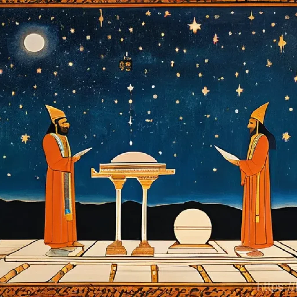 별자리별 역사적 사건 - **Ancient Celestial Knowledge**
"A serene scene depicting ancient scholars or priests in a metic...