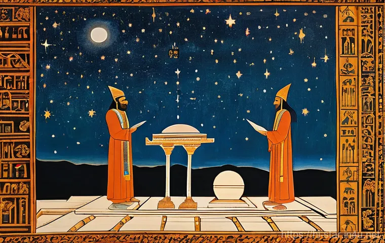 별자리별 역사적 사건 - **Ancient Celestial Knowledge**
"A serene scene depicting ancient scholars or priests in a metic...