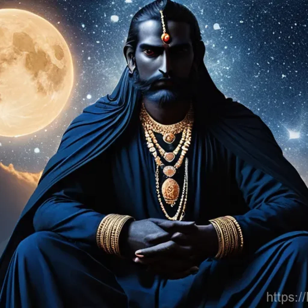 별자리와 토성 위치별 인내력 - **Prompt:** "A dignified and majestic depiction of Lord Shani Dev, the celestial deity of justice an...