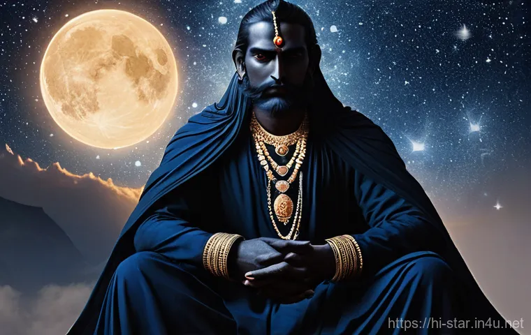 별자리와 토성 위치별 인내력 - **Prompt:** "A dignified and majestic depiction of Lord Shani Dev, the celestial deity of justice an...