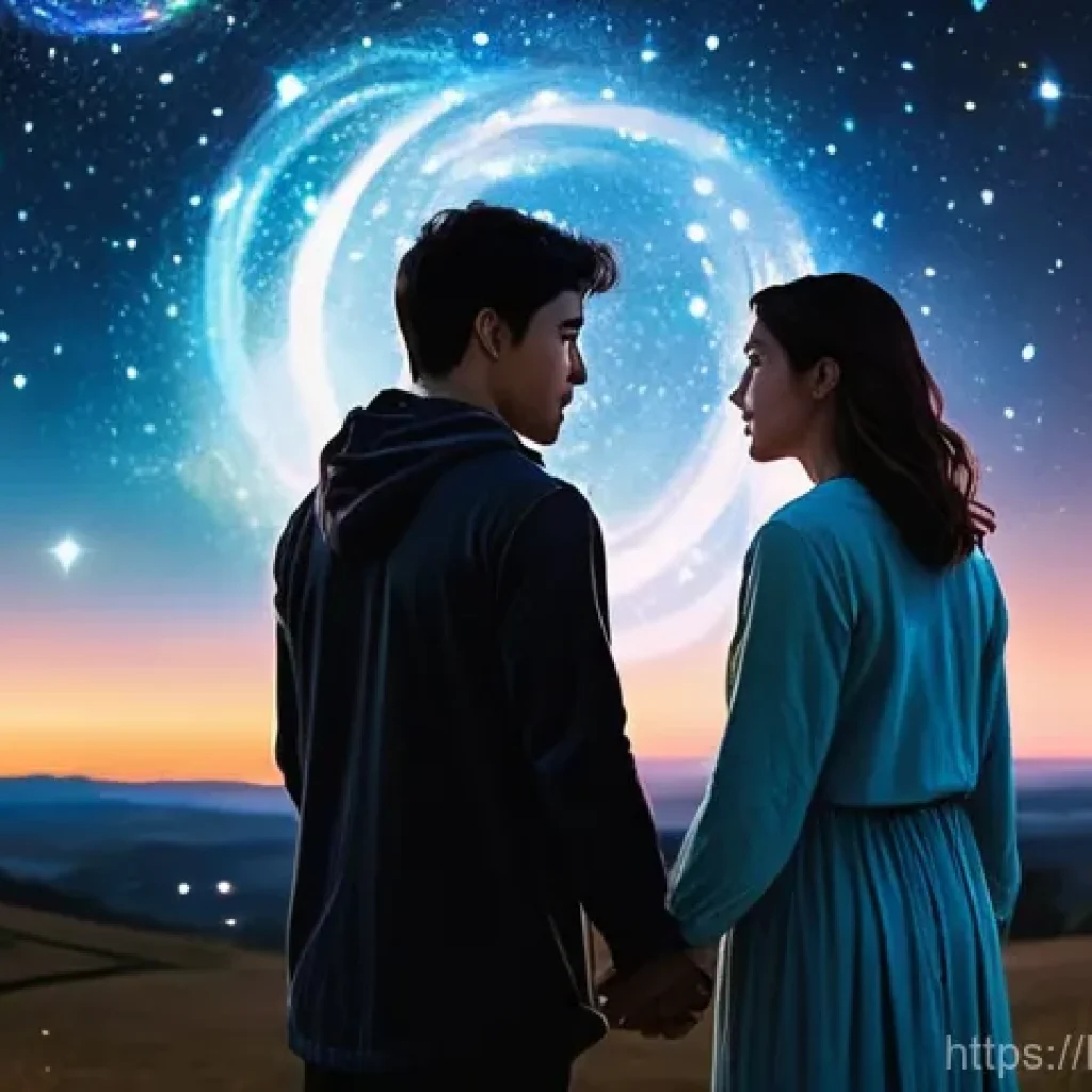별자리 궁합 - **Celestial Love Connection:** A diverse couple (e.g., a man with dark hair and a woman with light h...
