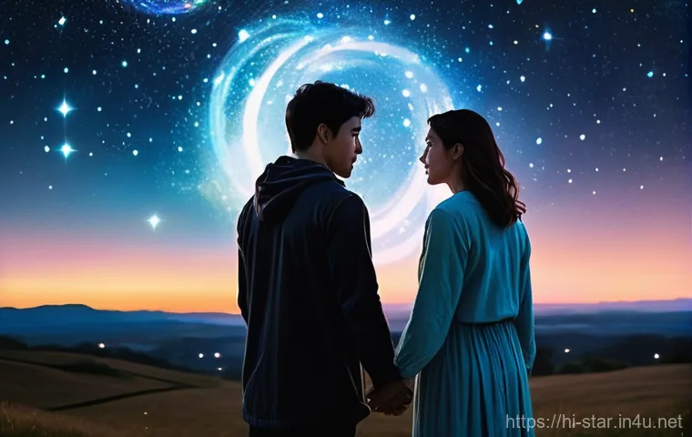 별자리 궁합 - **Celestial Love Connection:** A diverse couple (e.g., a man with dark hair and a woman with light h...