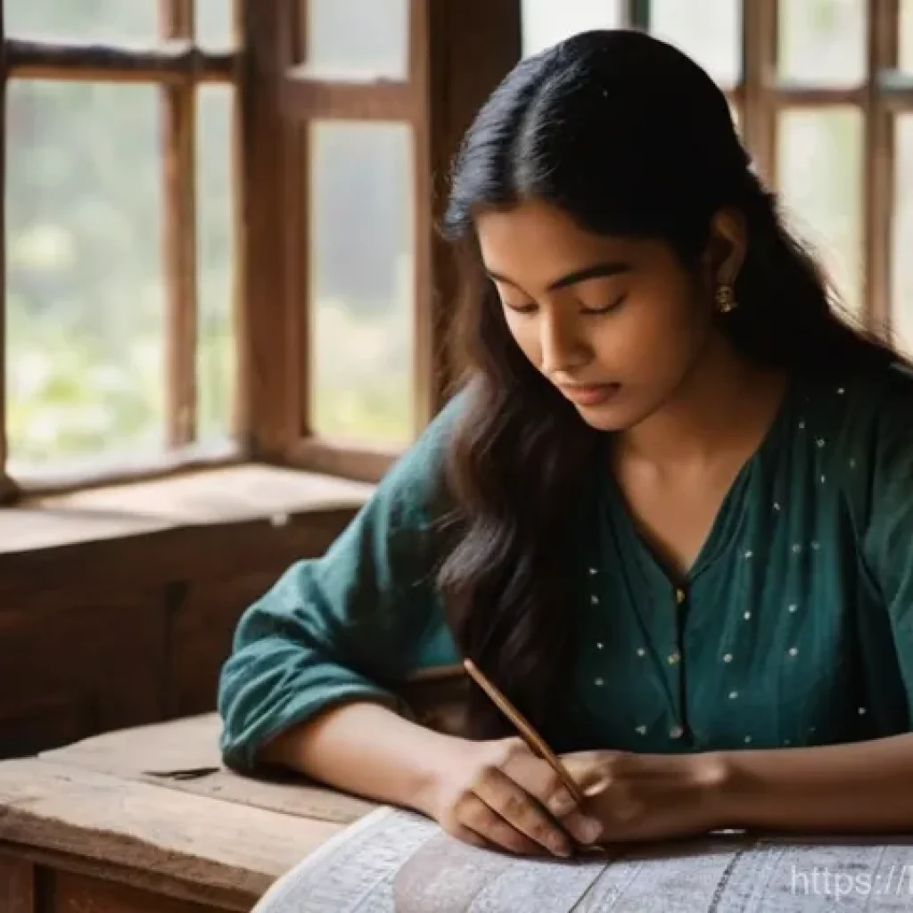 별자리와 자기 표현법 - **Prompt:** A thoughtful young woman, dressed in a comfortable, modest blouse and trousers, sits pea...
