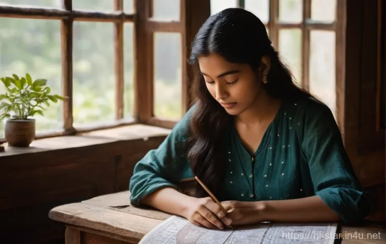 별자리와 자기 표현법 - **Prompt:** A thoughtful young woman, dressed in a comfortable, modest blouse and trousers, sits pea...