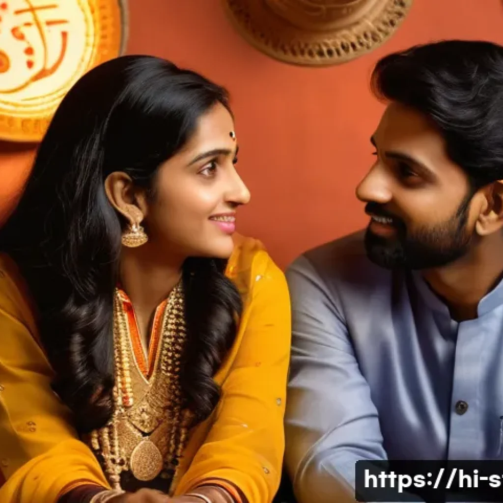 별자리와 금성 위치별 연애 스타일 - A vibrant and emotionally expressive Indian couple sitting together in a cozy home setting, the woma...