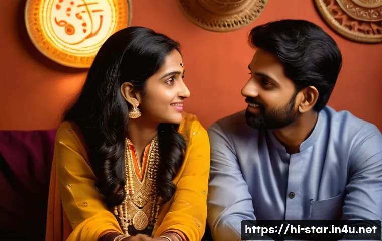 별자리와 금성 위치별 연애 스타일 - A vibrant and emotionally expressive Indian couple sitting together in a cozy home setting, the woma...