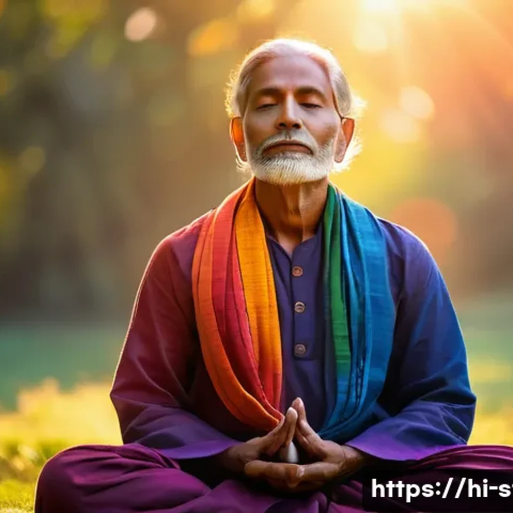 별자리와 카르마 힐링 - A serene and spiritual Indian man meditating outdoors at sunrise, surrounded by glowing chakra energ...