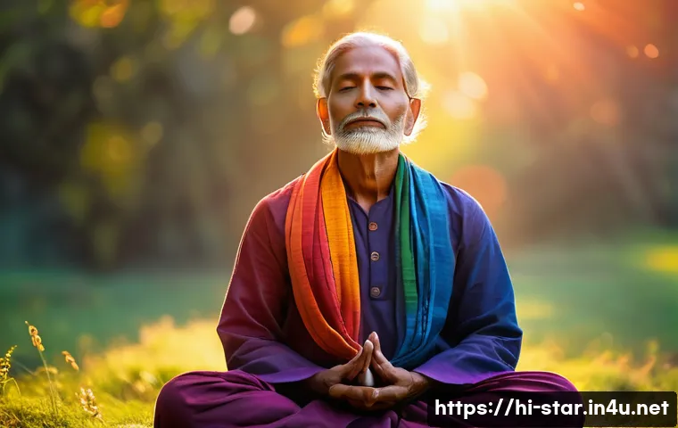 별자리와 카르마 힐링 - A serene and spiritual Indian man meditating outdoors at sunrise, surrounded by glowing chakra energ...