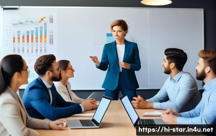 별자리와 직업 윤리 - A dynamic office scene featuring a determined Aries professional energetically leading a team meetin...