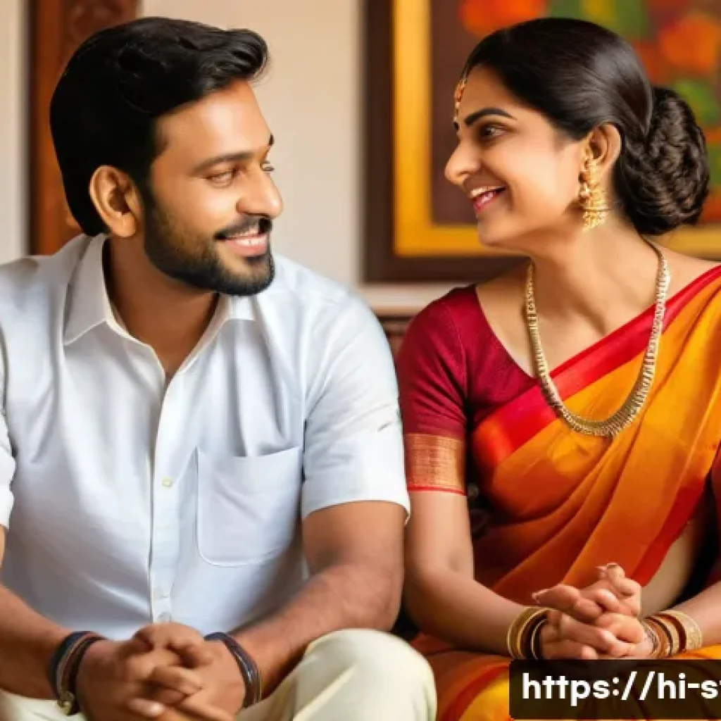 별자리별 이상형 - A warm, emotionally expressive Indian couple sitting in a cozy home environment, the woman wearing a...