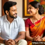 별자리별 이상형 - A warm, emotionally expressive Indian couple sitting in a cozy home environment, the woman wearing a...