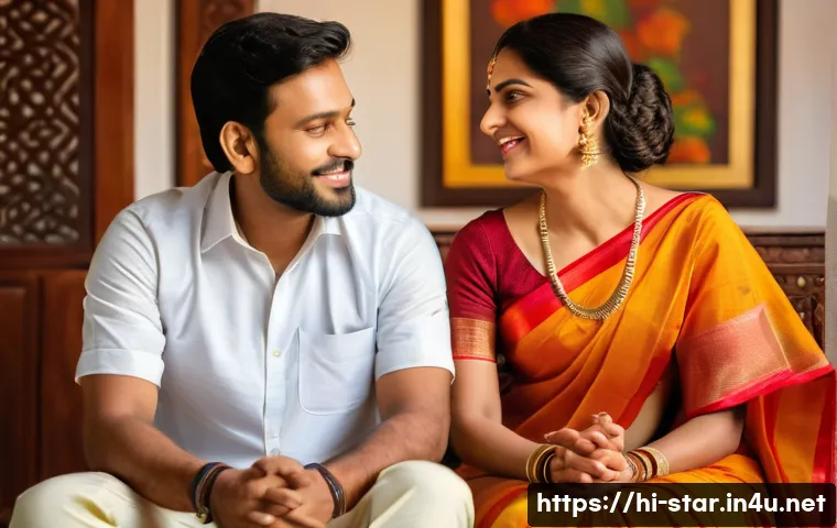 별자리별 이상형 - A warm, emotionally expressive Indian couple sitting in a cozy home environment, the woman wearing a...