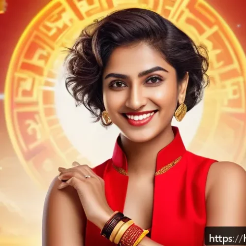 별자리와 패션 역사 - A confident Aries woman wearing a vibrant red outfit with golden stone rings and bracelets, showcasi...