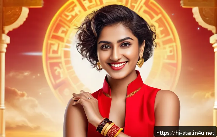 별자리와 패션 역사 - A confident Aries woman wearing a vibrant red outfit with golden stone rings and bracelets, showcasi...