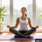 별자리별 이별 후 극복법 - A serene young Indian woman sitting cross-legged on a yoga mat in a sunlit room, eyes closed in medi...