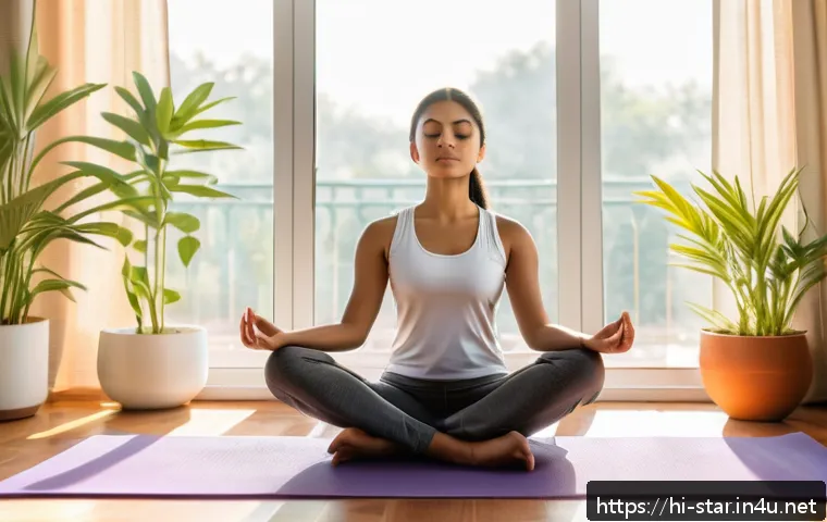 별자리별 이별 후 극복법 - A serene young Indian woman sitting cross-legged on a yoga mat in a sunlit room, eyes closed in medi...