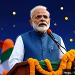 별자리와 정치 성향 - A charismatic Indian politician standing confidently at a podium during a vibrant political rally, w...