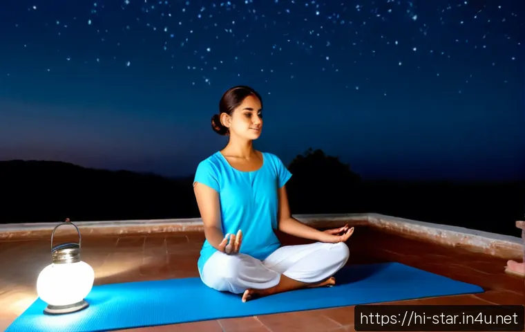 별자리와 에너지 힐링 - Photorealistic serene nighttime rooftop scene in India, a calm adult woman in modest flowing cotton ...
