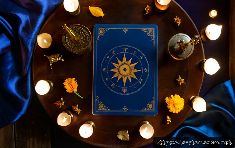 Home 17 별자리와 타로 카드의 연관성 - Photorealistic overhead view of a traditional Indian wooden table at night, an elegant tarot card sp...