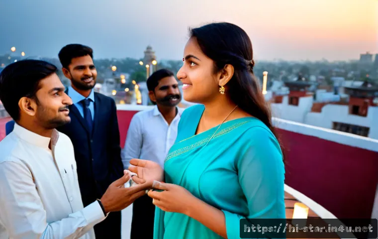Home 17 별자리와 사회적 영향력 - Photorealistic evening rooftop gathering in a modern Indian city, a confident young Indian woman in ...